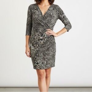 Ralph Lauren Tan Black Geometric Stretchy Ruched V Cut Mini Dress 8